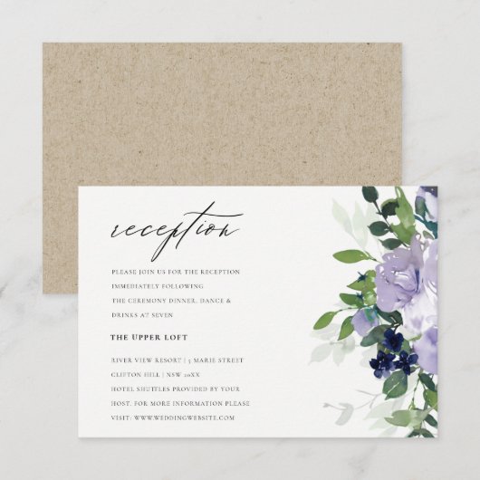 Chic Violet Paars Floral Leafy Wedding Reception Informatiekaartje (Voorkant / Achterkant)