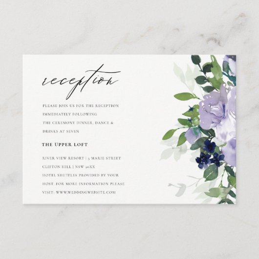 Chic Violet Paars Floral Leafy Wedding Reception Informatiekaartje (Voorkant)