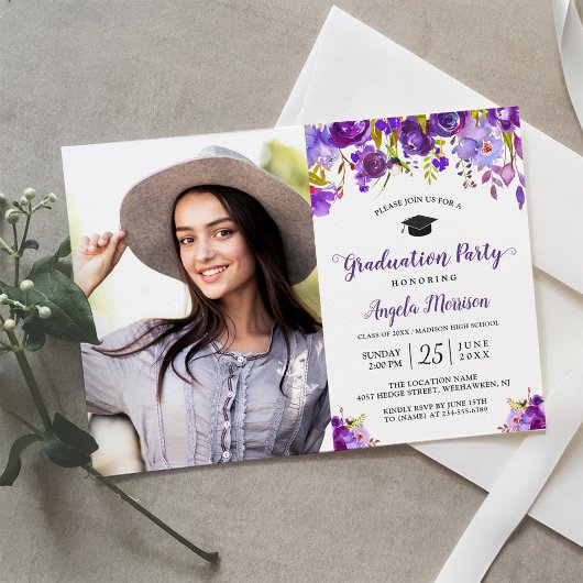 Chic Violet Paarse Bloemen Foto Afstudeerfeest Kaart