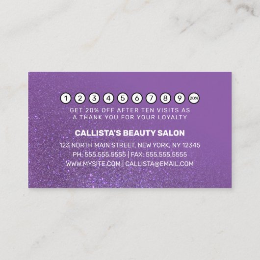 Chic Violet Paarse Glitter Gradient Typografie Klantenkaartje (Achterkant)
