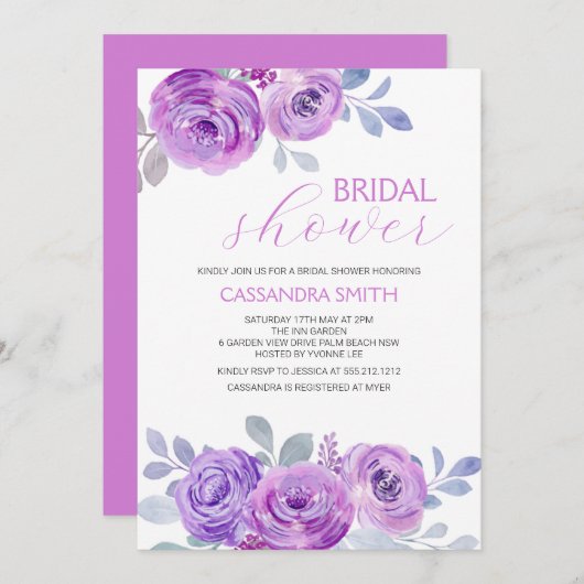 Chic Violet Rose Greenery Floral Bridal Shower  Kaart (Voorkant / Achterkant)