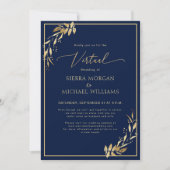 Chic Virtual Navy Blue & Golden Foliage Wedding Kaart (Voorkant)