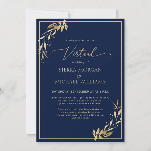 Chic Virtual Navy Blue & Golden Foliage Wedding Kaart (Voorkant)