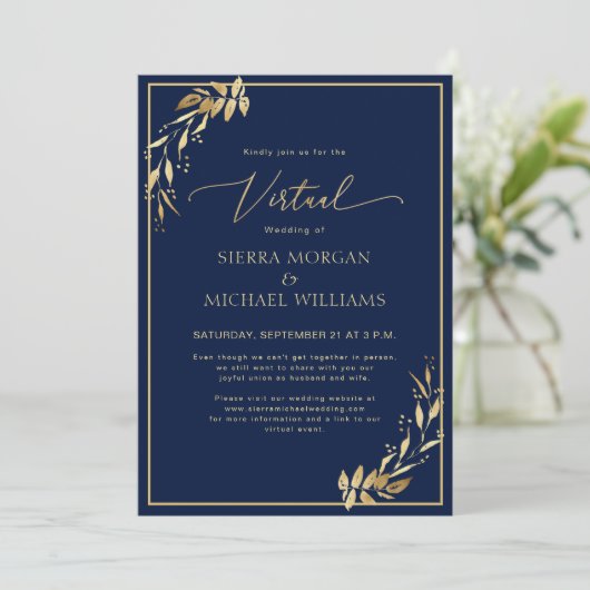 Chic Virtual Navy Blue & Golden Foliage Wedding Kaart (Staand voorkant)