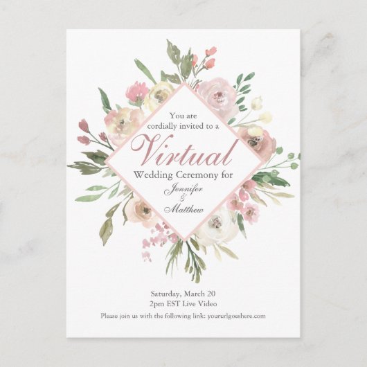 Chic Virtual Spring Floral Blush Pink Wedding Briefkaart (Voorkant)