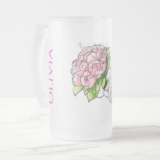 Chic Vorstglas Bloem Beer Stein - Aangepaste Bruid Matglas Bierpul (Voorkant links)