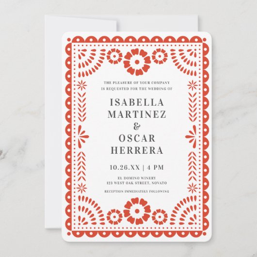 Chic Warm Red Papel Picado Geïnspireerd huwelijk Kaart (Voorkant)