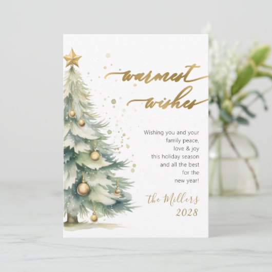 Chic Warmest Wishes Gold Script Kerstboom Feestdagenkaart (Staand voorkant)