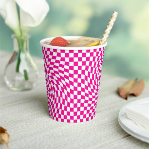 Chic Warped Checkered Pattern Magenta Roze & Wit Papieren Bekers