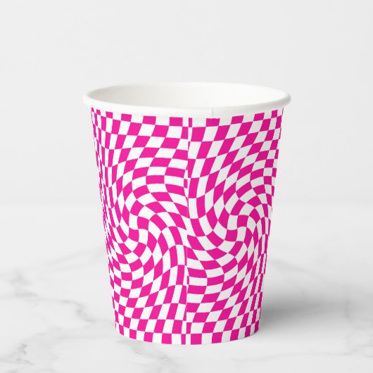 Chic Warped Checkered Pattern Magenta Roze & Wit Papieren Bekers (Rechts)