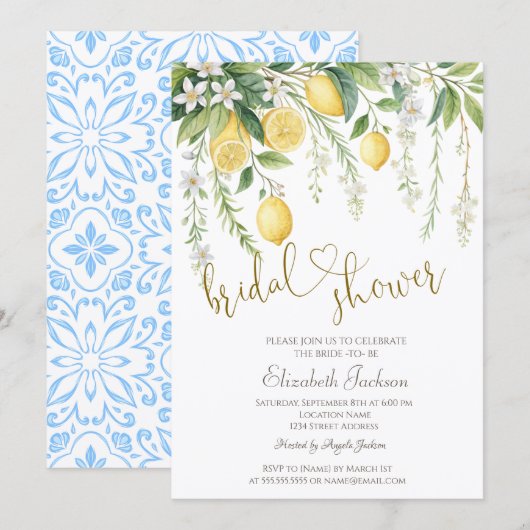 Chic Watercolor Blooming Lemons Bridal Shower Kaart (Voorkant / Achterkant)
