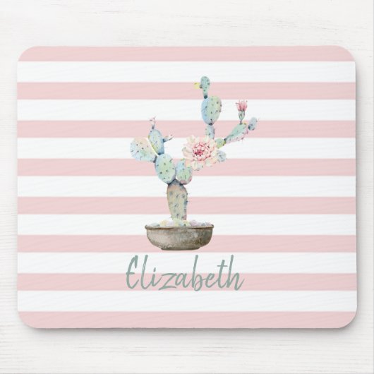Chic Watercolor Cactus, Roze Strepen Muismat (Voorkant)