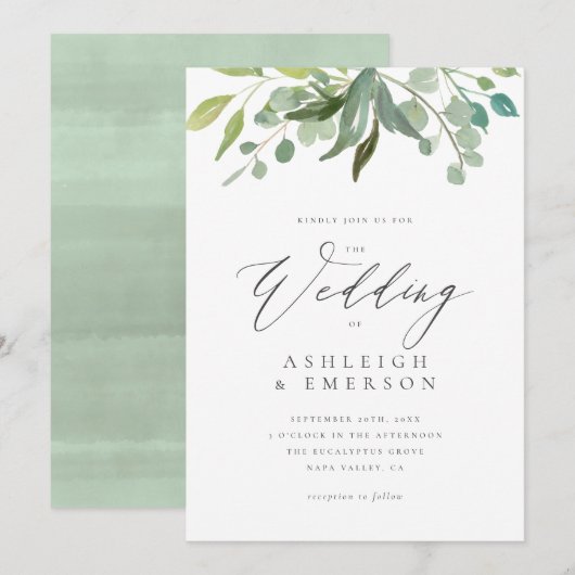 Chic Watercolor Eucalyptus Groenery Summer Wedding Kaart (Voorkant / Achterkant)