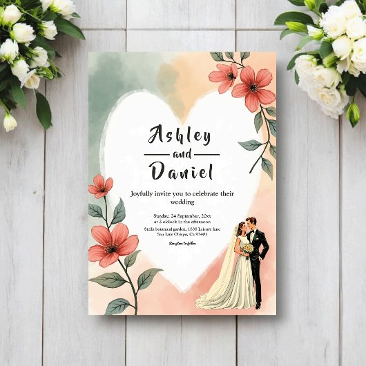 Chic Watercolor Floral Dusty Bride Groom Wedding Kaart