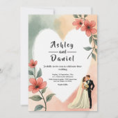 Chic Watercolor Floral Dusty Bride Groom Wedding Kaart (Voorkant)