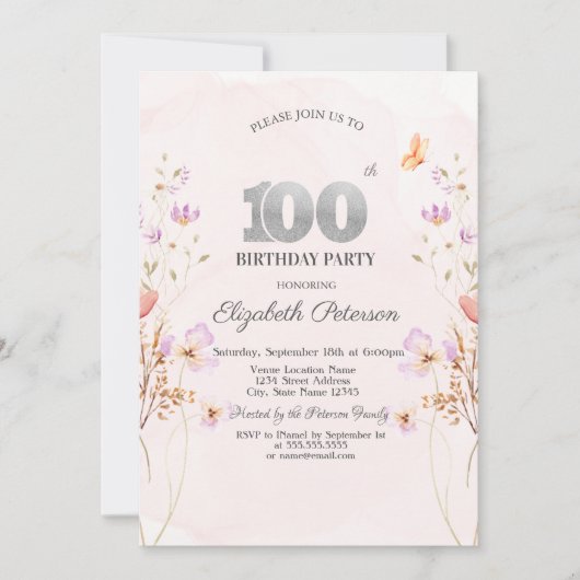 Chic Watercolor Lilac Wildflowers 100th Birthday Kaart (Voorkant)