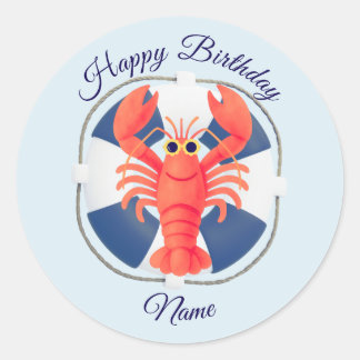 Chic Watercolor Lobster & Lifebuoy Birthday Ronde Sticker
