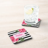 Chic Watercolor Pink Roses Black White Stripes Bier Onderzetter (Rechterzijde)