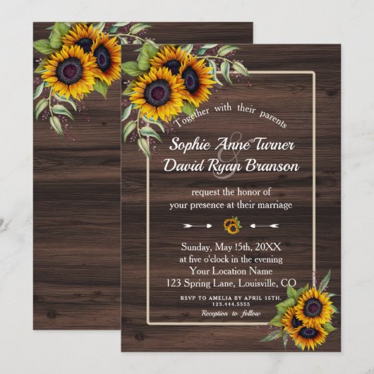 Chic Watercolor Zonnebloemen Hout Lijst bruiloft Kaart (Voorkant / Achterkant)