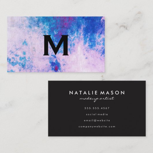 Chic Waterverf blauw paars met monogram Visitekaartje (Voorkant / Achterkant)