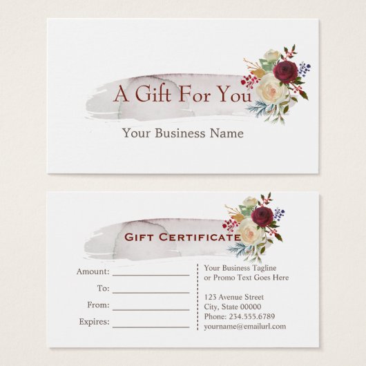 Chic Waterverf Bloem Motief Bourgondië Cadeaubon Visitekaartje (Voorkant /achterkant)