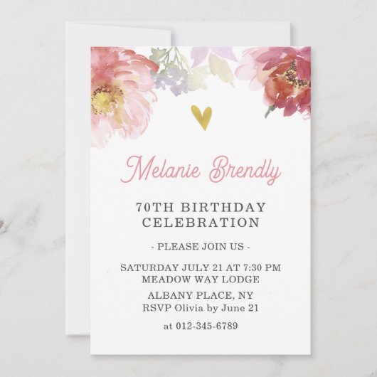 Chic Waterverf Bloemen 70e Verjaardag Party Uitnod Kaart (Voorkant)