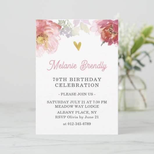 Chic Waterverf Bloemen 70e Verjaardag Party Uitnod Kaart (Staand voorkant)