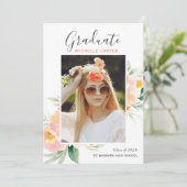 Chic Waterverf Bloemen Foto Afstudeerfeest Kaart (Staand voorkant)