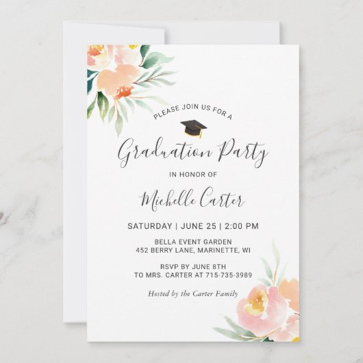 Chic Waterverf Bloemen Foto Afstudeerfeest Kaart (Achterkant)