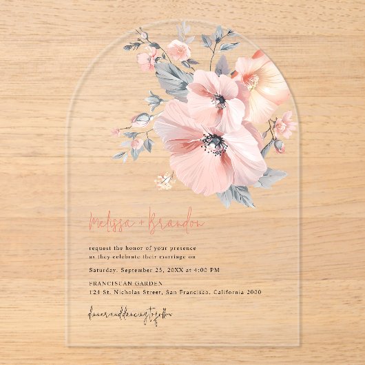 Chic Waterverf Bloemen Handschrift Script Trouwen Acryl Uitnodigingen (Voorkant)