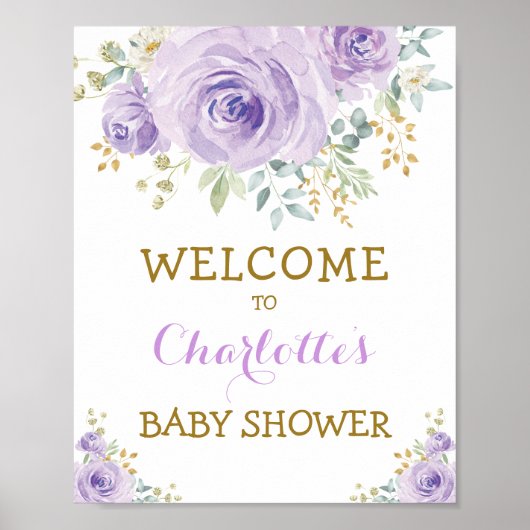 Chic Waterverf Bloemen Paarse Goud Baby shower Poster (Voorkant)