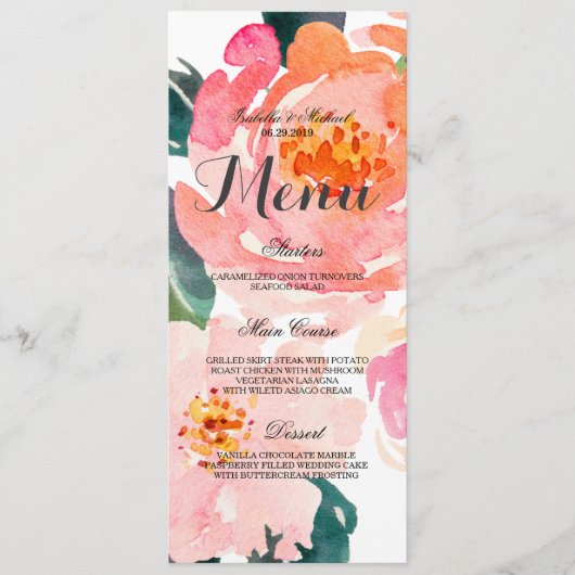 Chic Waterverf Bloemen Trouwmenu Menu (Voorkant)