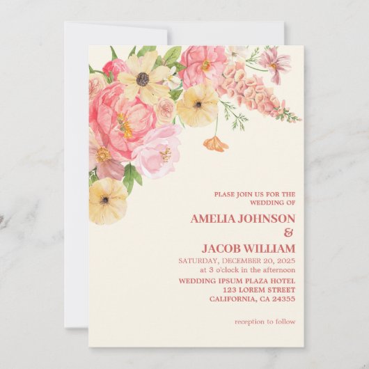 Chic Waterverf bloemenboter geel perzik Trouwen Kaart (Voorkant)