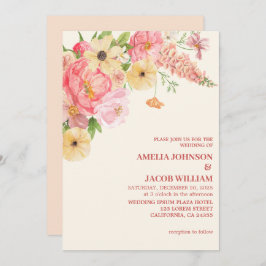 Chic Waterverf bloemenboter geel perzik Trouwen Kaart