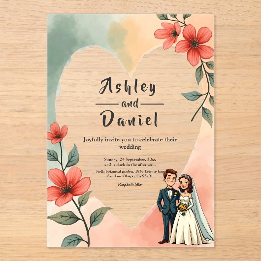 Chic Waterverf Bloemige Stof Bruid Bruidegom Trouw Acryl Uitnodigingen (Voorkant)