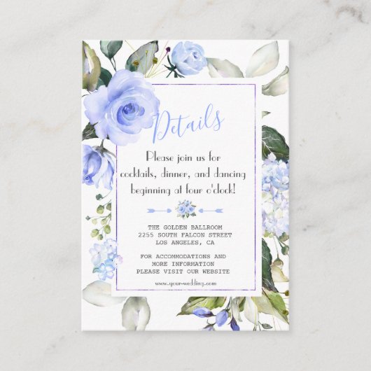 Chic Waterverf Blue Floral Lijst Wedding Details Informatiekaartje (Voorkant)