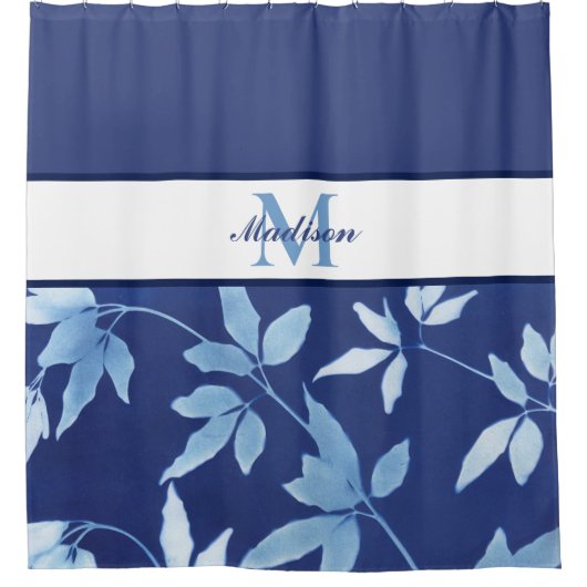 Chic Waterverf Blue Floral Monogram Douchegordijn (Voorkant)