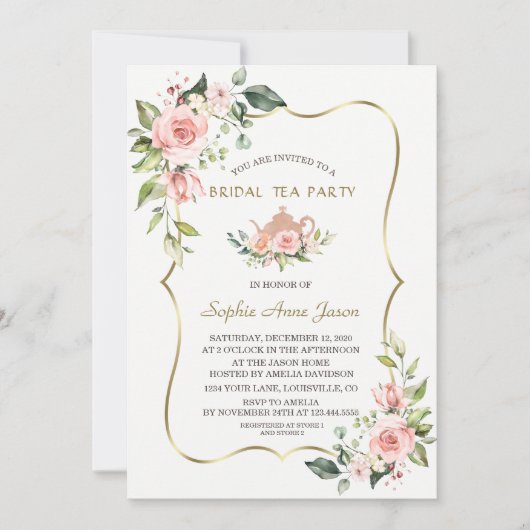 Chic Waterverf Blush Floral Gold Bridal Tea Party Kaart (Voorkant)