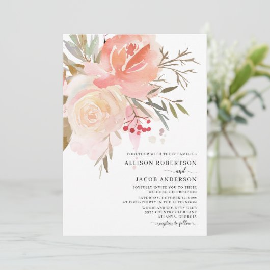 Chic Waterverf Blush Pink Flower Wedding Kaart (Staand voorkant)