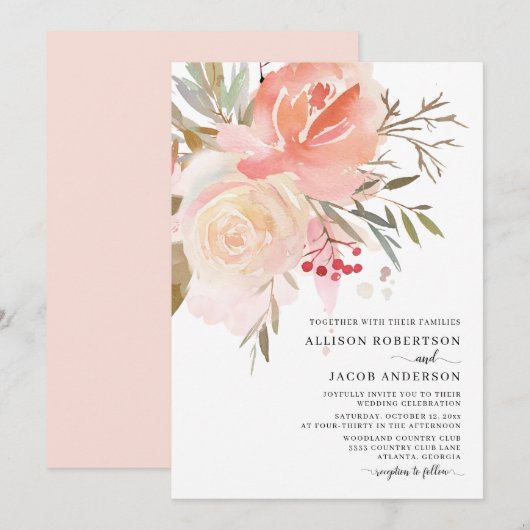 Chic Waterverf Blush Pink Flower Wedding Kaart (Voorkant / Achterkant)