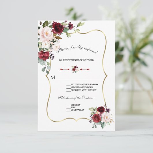 Chic Waterverf Bourgondië Blush Bloemen Gouden bru RSVP Kaartje (Staand voorkant)