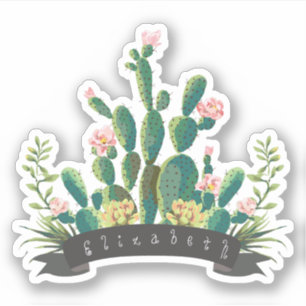Chic Waterverf Cactus Planter Persoonlijke naam Sticker