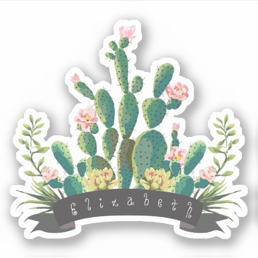 Chic Waterverf Cactus Planter Persoonlijke naam Sticker (Voorkant)