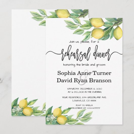 Chic Waterverf Citroen Proefhuwelijksdiner Kaart (Voorkant / Achterkant)