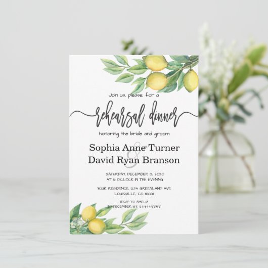 Chic Waterverf Citroen Proefhuwelijksdiner Kaart (Staand voorkant)