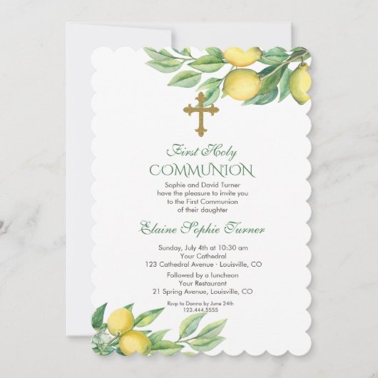 Chic Waterverf Citroen Tropische Eerste Communie Kaart (Voorkant)
