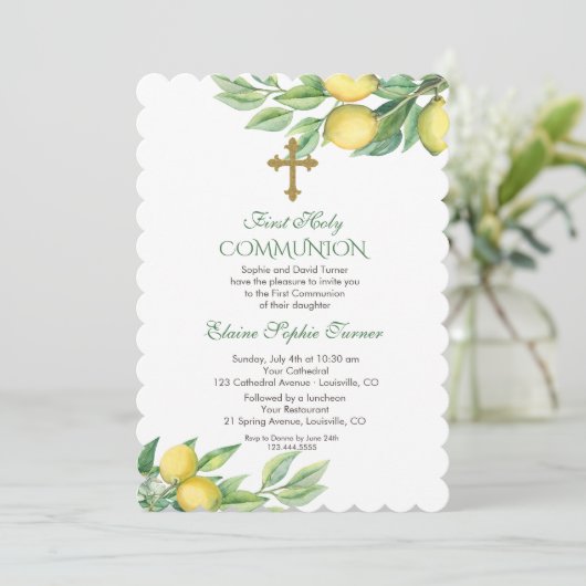 Chic Waterverf Citroen Tropische Eerste Communie Kaart (Staand voorkant)