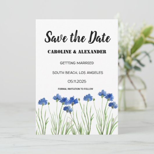 Chic Waterverf Cornflower Wildbloemen Weddenschap Save The Date (Staand voorkant)