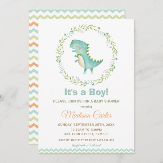 Chic Waterverf Cute Dinosaur Boy Baby shower Kaart (Voorkant / Achterkant)