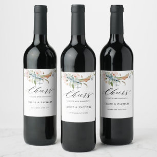 Chic Waterverf Earthy Blooms, Cheers Wedding Wijn Etiket